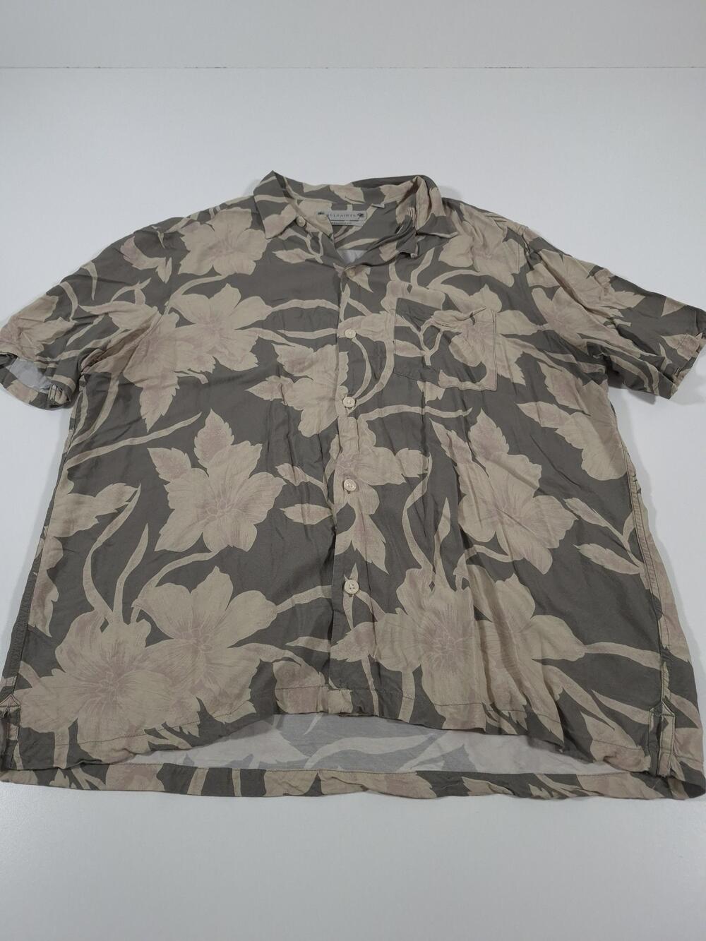 ALLSAINTS Mens Jardino Olive Viscose Floral Hawaiian Loop Collar Camp Shirt L
